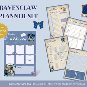 May include: A Ravenclaw themed planner set with nine high quality PDF pages. The set includes a weekly planner, a daily planner, a weekly timetable, a habit tracker, and a monthly planner. The pages feature a blue and white colour scheme with a Ravenclaw crest and other Harry Potter themed illustrations.