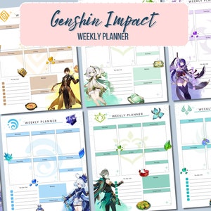 May include: A printable Genshin Impact weekly planner in pink, white and blue. The planner features various characters from the game, including a blue-haired character with a sword, a green-haired character with a bow and a purple-haired character with a staff. The planner is divided into seven days of the week, with space for to-do lists, notes and appointments.