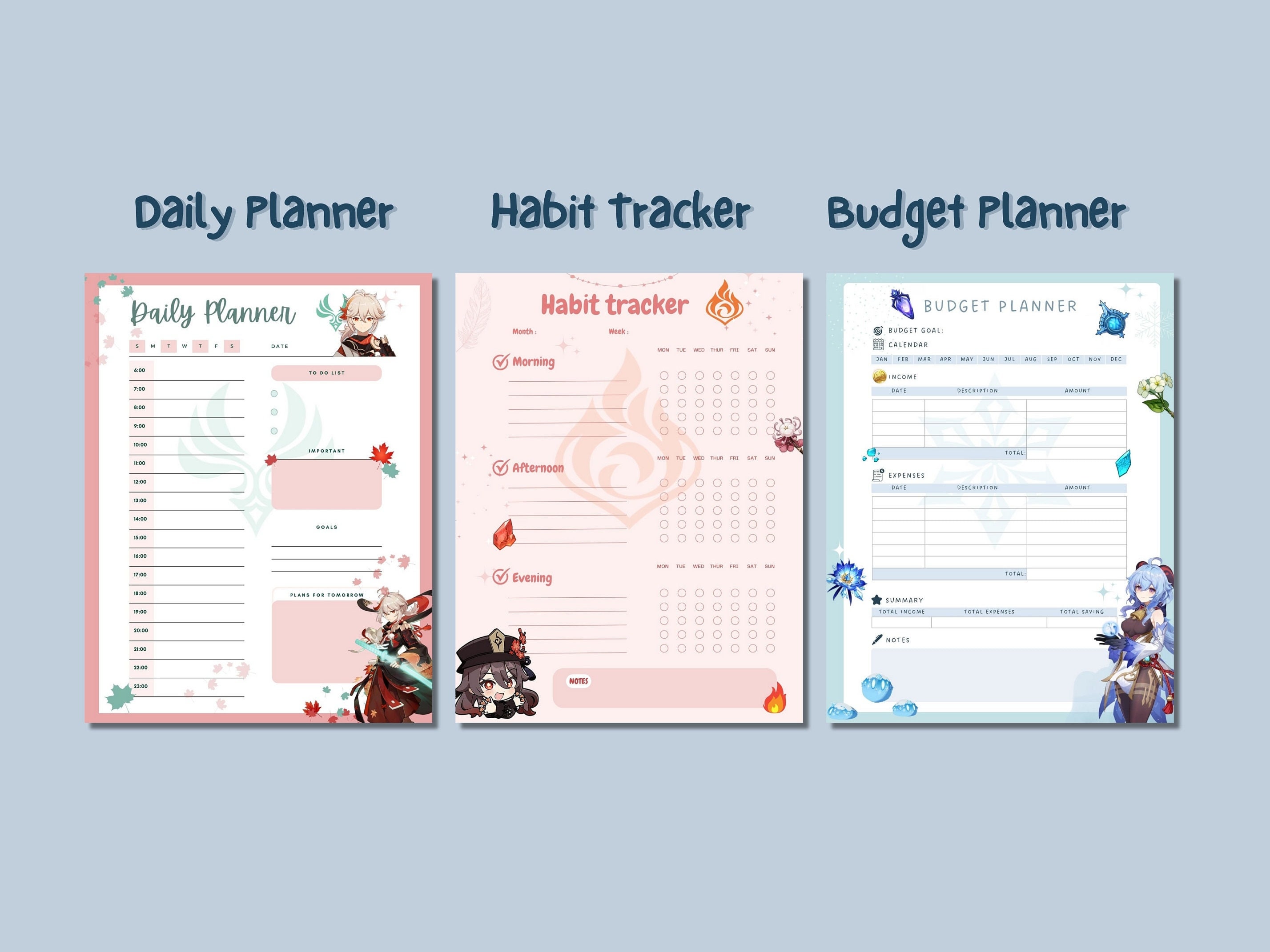Genshin Impact Planner Set, Weekly, Daily, Habit Tracker, Budget, Timetable, Venti, Diluc ...