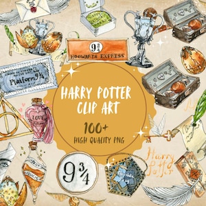 May include: A collection of watercolour illustrations featuring Harry Potter themed items including a Hogwarts Express sign, a Platform 9 3/4 ticket, a love potion bottle, a Felix Felicis vial, a golden snitch, a chocolate frog box, and a wand.