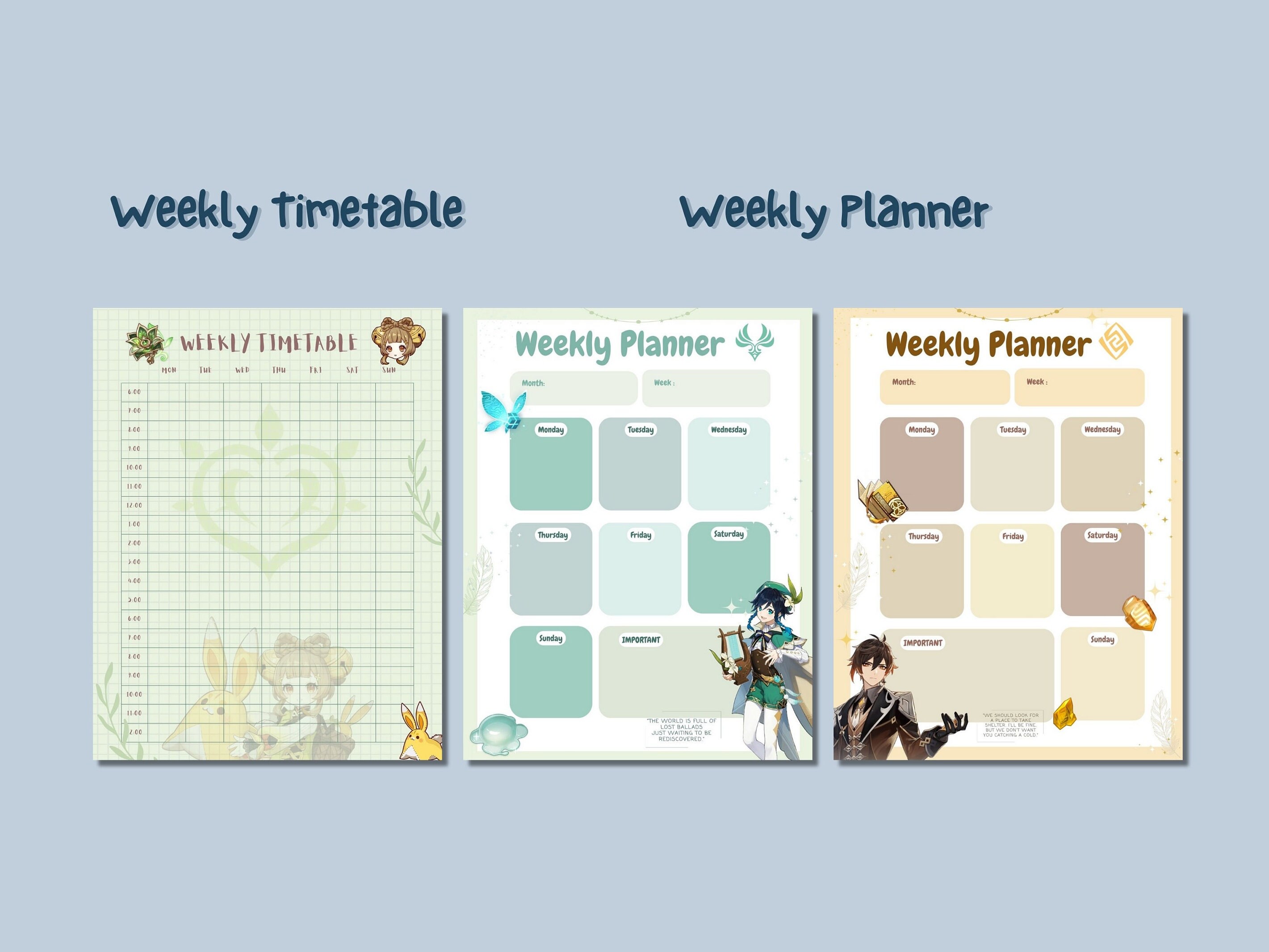 Genshin Impact Planner Set, Weekly, Daily, Habit Tracker, Budget, Timetable, Venti, Diluc ...