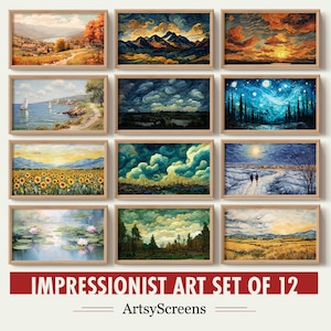 Samsung Frame TV Art Set of Impressionist Paintings, Landscape and Skyscape Design Vincent Van Gogh Digital Artwork Cloudy Abstract Sky