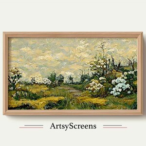 Samsung Frame TV Art, Van Gogh style painting of a landscape with flowers, oil painting