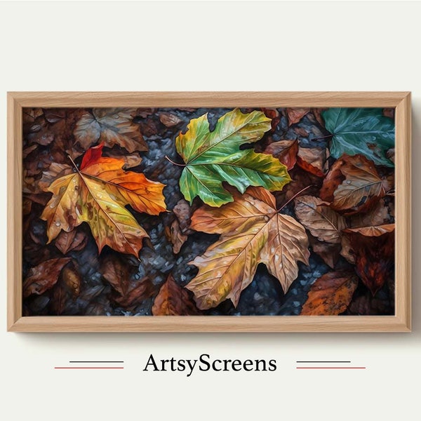 Samsung Frame TV Art, realistic painting of wet autumn leaves on the floor, JPG, falling leaves, fall art, autumn art, color leaves