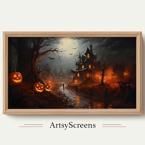 May include: A spooky Halloween scene with a dark, mysterious house in the distance, lit by glowing jack-o'-lanterns. The house is surrounded by trees and a river, and the moon shines brightly in the night sky.