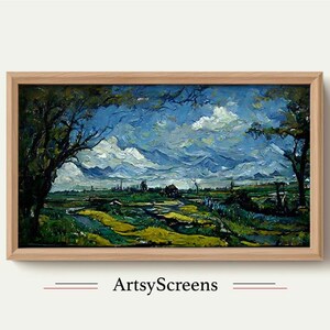 Samsung Frame TV Art, Van Gogh style painting of a landscape, large green field, wavy sky