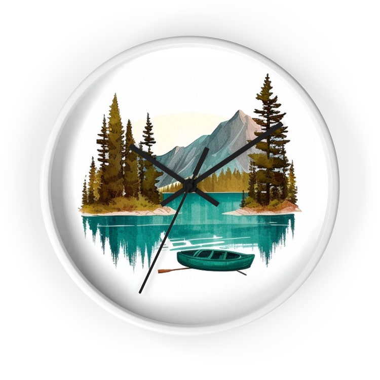 Maestoso orologio da parete Mountain Lake con canoa e pini