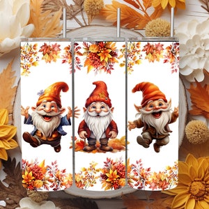 Fall/Autumn Gnome tumbler wrap, three bright colored gnomes with Fall plant, fall gnomes, 20oz skinny straight tumbler