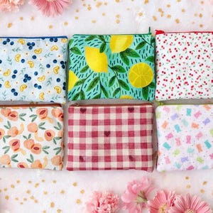 May include: Six small, rectangular zippered pouches with diverse patterns. Designs include lemons, cherries, peaches, blueberries, gingham, and gummy bears. Each pouch has a different coloured zip, offering a range of vibrant colours.