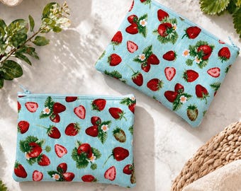 Estuche con cremallera de fresa hecho a mano / Neceser forrado de 5x7 para cosméticos y lápices