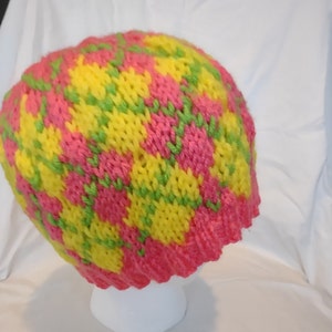 Puede incluir: Un gorro tejido a mano con un patrón vibrante y colorido. El gorro presenta un patrón repetitivo de cuadrados tejidos en rosa, amarillo y verde. El borde es de color rosa liso. Este gorro acogedor es perfecto para añadir un toque de color a cualquier atuendo.