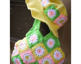 granny square flower purse handbag market classic traditional bag PDF digital download easy crochet pattern with bucket hat