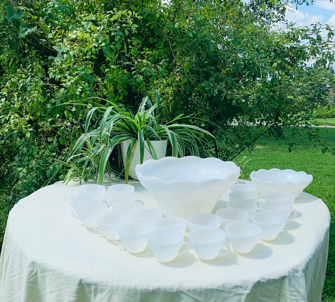 White Milk Glass Punch Bowl Set With 21 Cups and Candy Dish Etsy