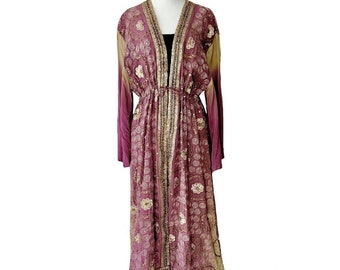 Vintage verschönerte Kimono Duster Robe, hergestellt aus indischem Vintage Sari, Kimonojacke, nachhaltiger, zweckentfremdeter einzigartiger Kimono