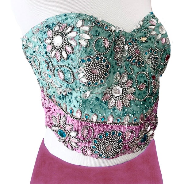 Clearance Vintage Reworked Upcycled Handmade Embellished Corset Bustier, Sustainable, Repurposed Vintage Clothing, Beaded and Sequin Corset