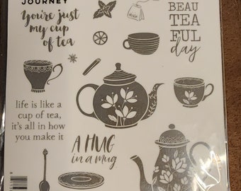 Fun Stampers Journey "Cup of Tea" Red Rubber Cling Stamps & Coordinating Dies Set - BOTH NIP!!