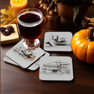 Architects Napkin Sketch Coasters - Set of 5, Styles of Frank Lloyd Wright, Frank Gehry, Norman Foster, Zaha Hadid, Mies, Gift for Architect