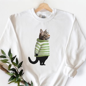 Personalized Cat in Sweater Fall Crewneck Sweatshirt, Custom Fall Sweatshirt, Your Cat Pictured Wearing Cute Knitted Sweater, Cat Mom Gift