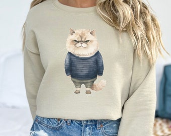 Fat Persian Cat in Cute Sweater Sweatshirt, Customization Optional, Personalize with a Photo of Your Cat, Cat Mom Gift, Gift for Cat Lovers