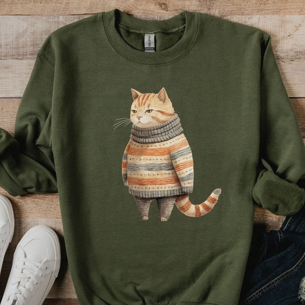 Fat Cat in Cute Sweater Sweatshirt, Customization Optional, Your Cat Pictured Wearing Cute Oversized Sweater, Cat Mom Gift, Cat Dad gift