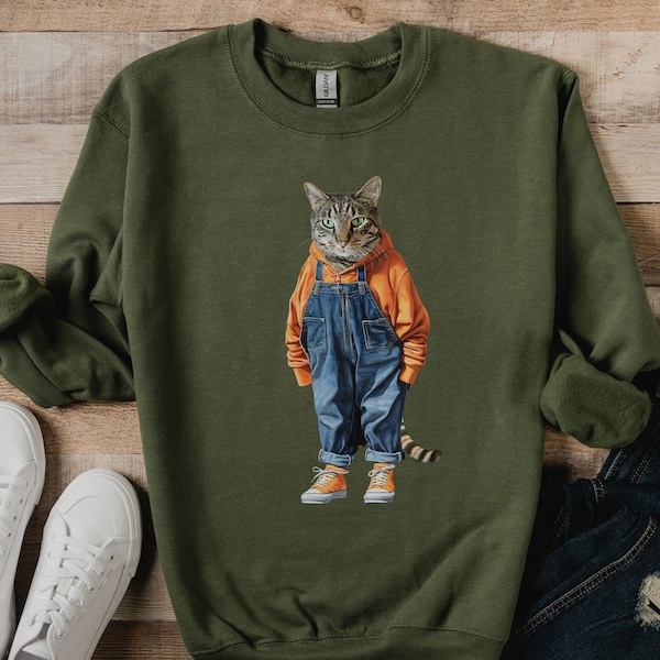 Cat in Cute Overalls Sweatshirt, Customization Optional, Your Cat Pictured Wearing Cute Oversized Overalls and Hoodie, Gift for Pet Lover