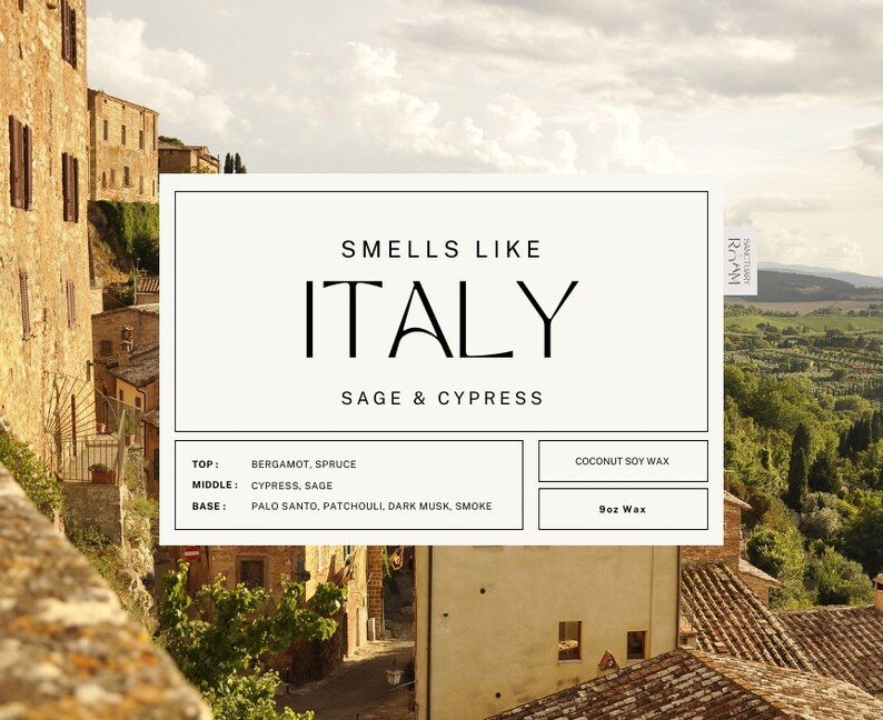 May include: A candle label with the text "Smells Like Italy Sage & Cypress" and a list of the candle's fragrance notes. The candle is made with coconut soy wax and is 9 ounces.