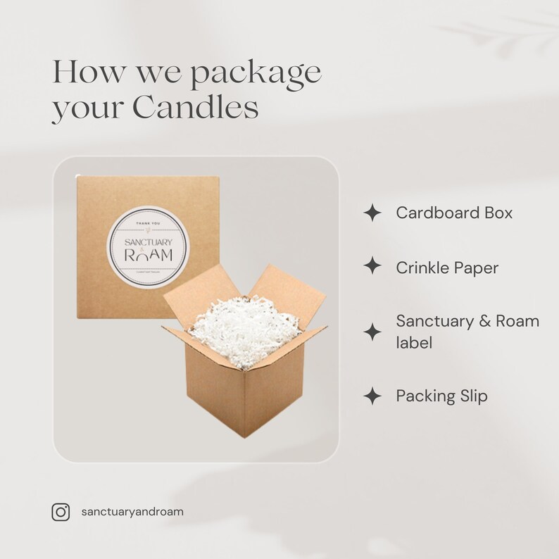 May include: A brown cardboard box with a white crinkle paper filler inside. The box has a label that says "Sanctuary & Roam". The image also shows a packing slip and a list of packaging materials: Cardboard Box, Crinkle Paper, Sanctuary & Roam label, Packing Slip.