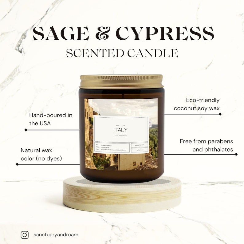 May include: A brown glass candle jar with a gold lid, labeled "ITALY SAGE & CYPRESS". The candle is on a wooden base and has a white background with text describing the candle as hand-poured in the USA, made with eco-friendly coconut soy wax, and free from parabens and phthalates.