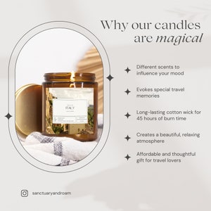 May include: A brown glass candle jar with a gold lid and a label that says "ITALY" on it. The candle is lit and the flame is visible. The candle is surrounded by a white towel and a wooden surface. The text "Why our candles are magical" is written in black text on a white background. The text below the title lists the benefits of the candle, including that it evokes special travel memories, has a long-lasting cotton wick, and creates a relaxing atmosphere.