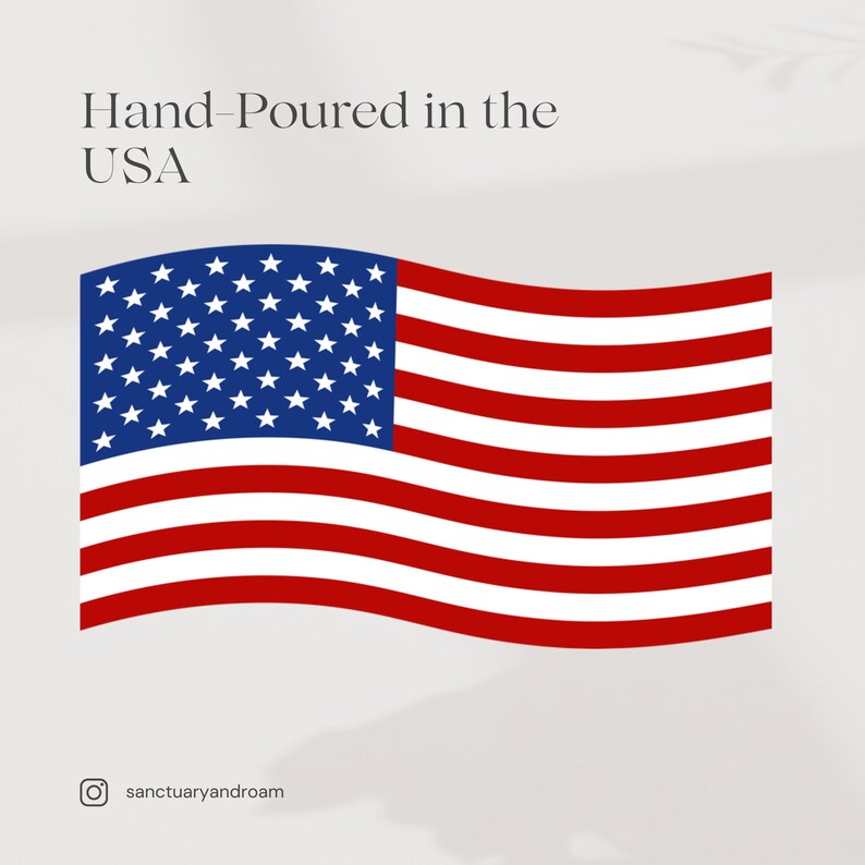 May include: Hand-poured in the USA. A red, white, and blue American flag with 50 white stars on a blue field, waving in the wind.