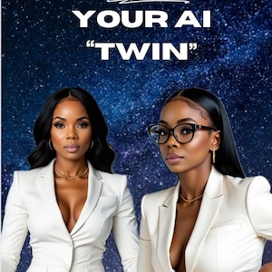 Puede incluir: Anuncio de Create AI University con dos mujeres en blazers blancos sobre un fondo estrellado. El texto dice "CREATE YOUR AI 'TWIN'" y "CLONE YOURSELF FAST WITH AI".