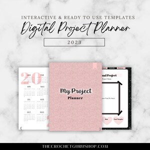 May include: A digital project planner with a pink and black design. The planner includes a calendar for 2023, a section for project planning, and a section for final thoughts. The text "My Project Planner" is written in black cursive on a pink background.