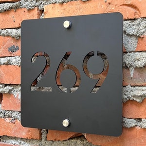 Peut inclure: Plaque de numéro de maison en métal noir avec le numéro 269 découpé. La plaque est fixée à un mur en briques.