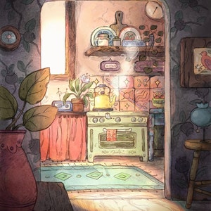 以下が含まれることがあります： 水彩画で描かれた、ヴィンテージのストーブ、ストーブの上のやかん、カウンターの上の植物があるキッチンインテリア。キッチンはカラフルなタイルと敷物で飾られています。窓から太陽の光が差し込んでいます。