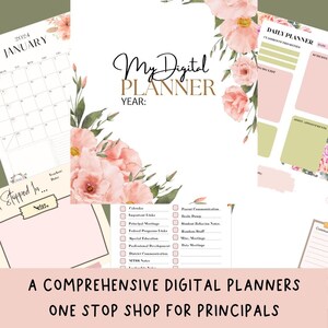 Könnte beinhalten: Digitaler Planer mit floralen Akzenten. Auf dem Cover steht "My Digital Planner" mit einem Jahresabschnitt. Enthält einen Kalender, eine To-Do-Liste und andere Organisationstools. Der Text unten lautet "A Comprehensive Digital Planners One Stop Shop for Principals".