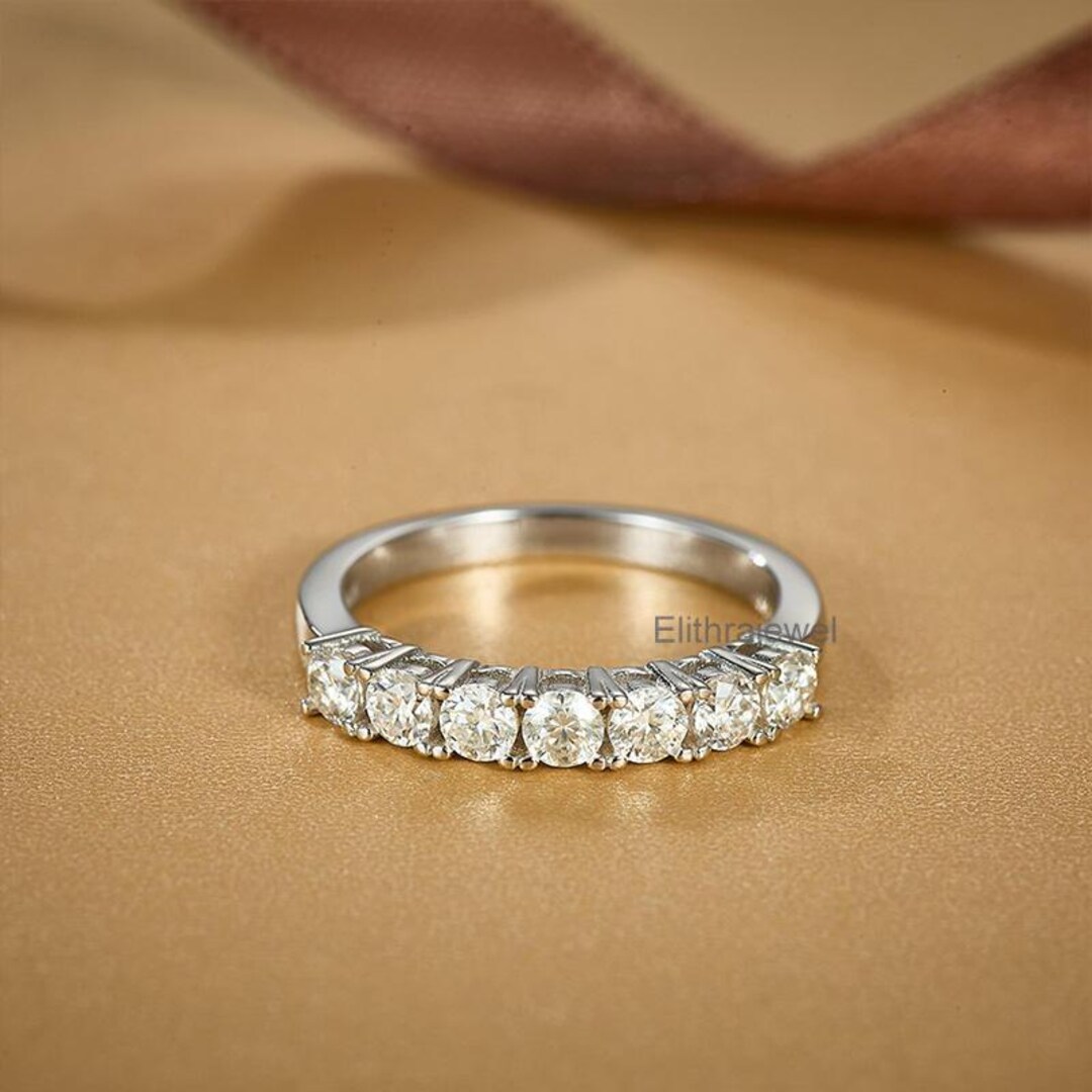 Moissanite Half Eternity Wedding Band, 14k White Gold, Round Cut - Etsy