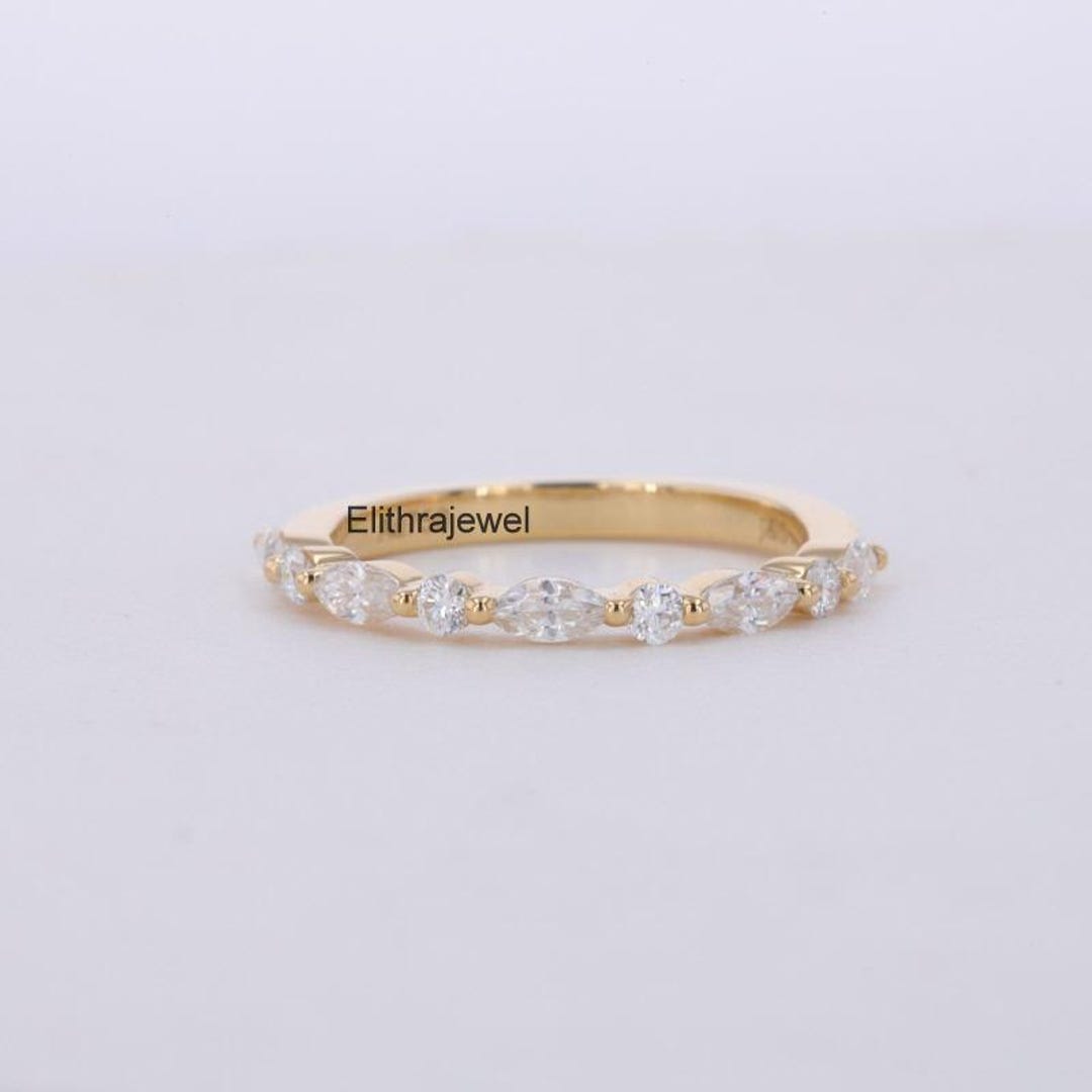 14k Yellow Gold Moissanite Wedding Band, Marquise & Round Cut - Etsy
