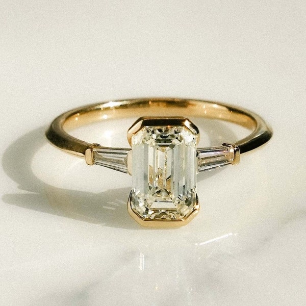 2.00 CT Emerald Cut Moissanite Solitaire Ring / Half Bezel Set 14K Solid Gold Engagement Ring 3 Stone Ring Gift For Girlfriend Birthday