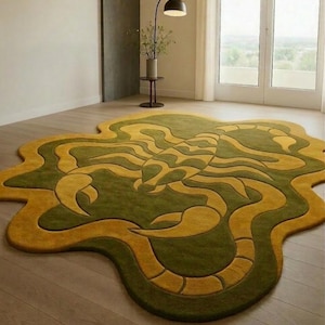 Mid Century Modern Organic Shape Rug, Green Gold Abstract Carpet, Retro Statement Floor Decor
