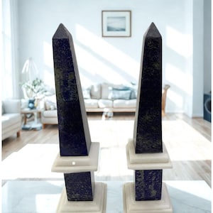 Lapis Lazuli Obelisk with White Marble Base | Handmade Stone Decor | Crystal Healing Tower Sculpture | Spiritual Home Table Accent