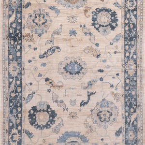 Hand Knotted Wool Oushak Rug: Dark Blue & Sand Floral Persian Rug