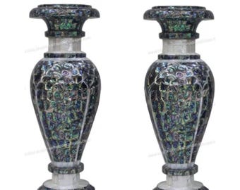 手作り大理石製花瓶：インドの象嵌宝石デザイン、高さ20インチ