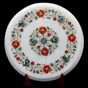 Handmade White Marble Coffee Table Top: Floral Pietra Dura Inlay, Mughal Decor