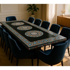 Black Marble Inlay Dining Table – Handmade Rectangular Floral Mandala Pietra Dura, Luxury 6-Seater, Elegant Dining Room Decor