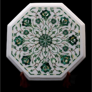 Green Marble Inlay Tabletop: Floral Pietra Dura Art - Handmade in India