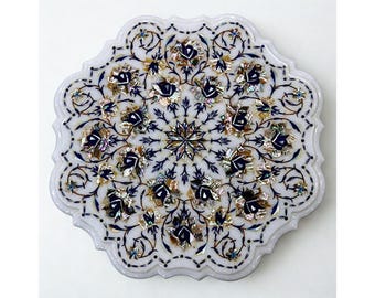Marble Inlay Table Top – White Marble, Floral Pietra Dura Art, 24&quot; Round, Scalloped Edge, Coffee Table, Gift, Home Decor