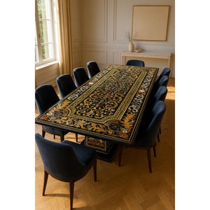 Black Marble Inlay Table Top | Handmade Pietra Dura Royal Floral Art | Luxury Dining Center Coffee Table Decor | Mosaic Stone Table