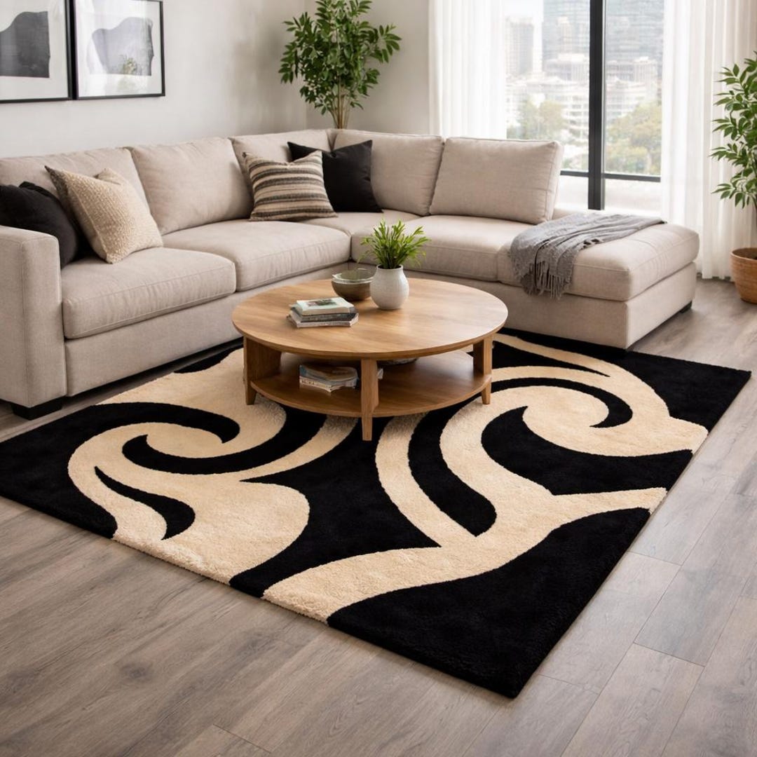 Black and Cream Abstract Area Rug | Modern Swirl Carpet - Etsy