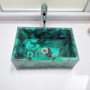 Agate Bathroom Sink – 12&quot; Rectangular Green Stone Vessel | Polished Crystal Basin for Spa Decor, Luxury Powder Rooms & Designer Homes