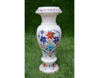 手作り大理石製花瓶：インドの象嵌宝石デザイン、高さ20インチ